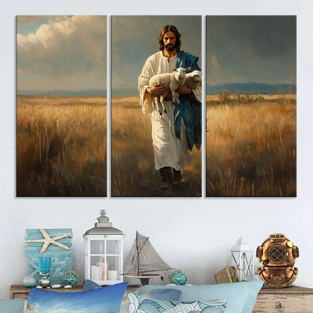 The triptych canvas titled "Jesus Shepherd Wall Art" features Jesus holding a lamb in a field, introducing a spiritual ambiance. This piece is perfect for those looking to blend Christian home decor with contemporary style.