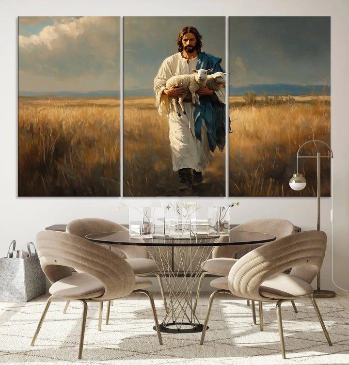 The triptych canvas titled "Jesus Shepherd Wall Art" features Jesus holding a lamb in a field, introducing a spiritual ambiance. This piece is perfect for those looking to blend Christian home decor with contemporary style.