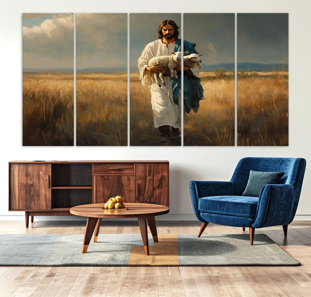 The triptych canvas titled "Jesus Shepherd Wall Art" features Jesus holding a lamb in a field, introducing a spiritual ambiance. This piece is perfect for those looking to blend Christian home decor with contemporary style.