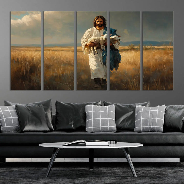 The triptych canvas titled "Jesus Shepherd Wall Art" features Jesus holding a lamb in a field, introducing a spiritual ambiance. This piece is perfect for those looking to blend Christian home decor with contemporary style.