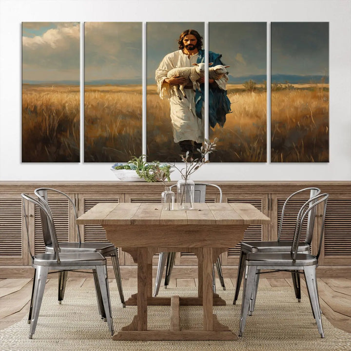 The triptych canvas titled "Jesus Shepherd Wall Art" features Jesus holding a lamb in a field, introducing a spiritual ambiance. This piece is perfect for those looking to blend Christian home decor with contemporary style.