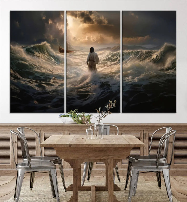 The Jesus Walking on Water Wall Art Canvas Print, a triptych mural featuring Jesus traversing turbulent waves with a distant boat under a dramatic sky, embodies spiritual art and religious decor. It inspires reflection and tranquility in the space.