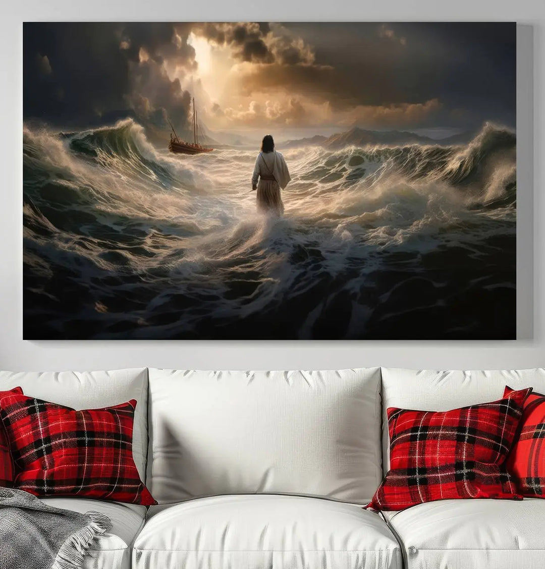 The Jesus Walking on Water Wall Art Canvas Print, a triptych mural featuring Jesus traversing turbulent waves with a distant boat under a dramatic sky, embodies spiritual art and religious decor. It inspires reflection and tranquility in the space.