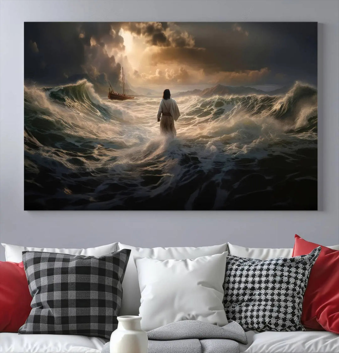 The Jesus Walking on Water Wall Art Canvas Print, a triptych mural featuring Jesus traversing turbulent waves with a distant boat under a dramatic sky, embodies spiritual art and religious decor. It inspires reflection and tranquility in the space.