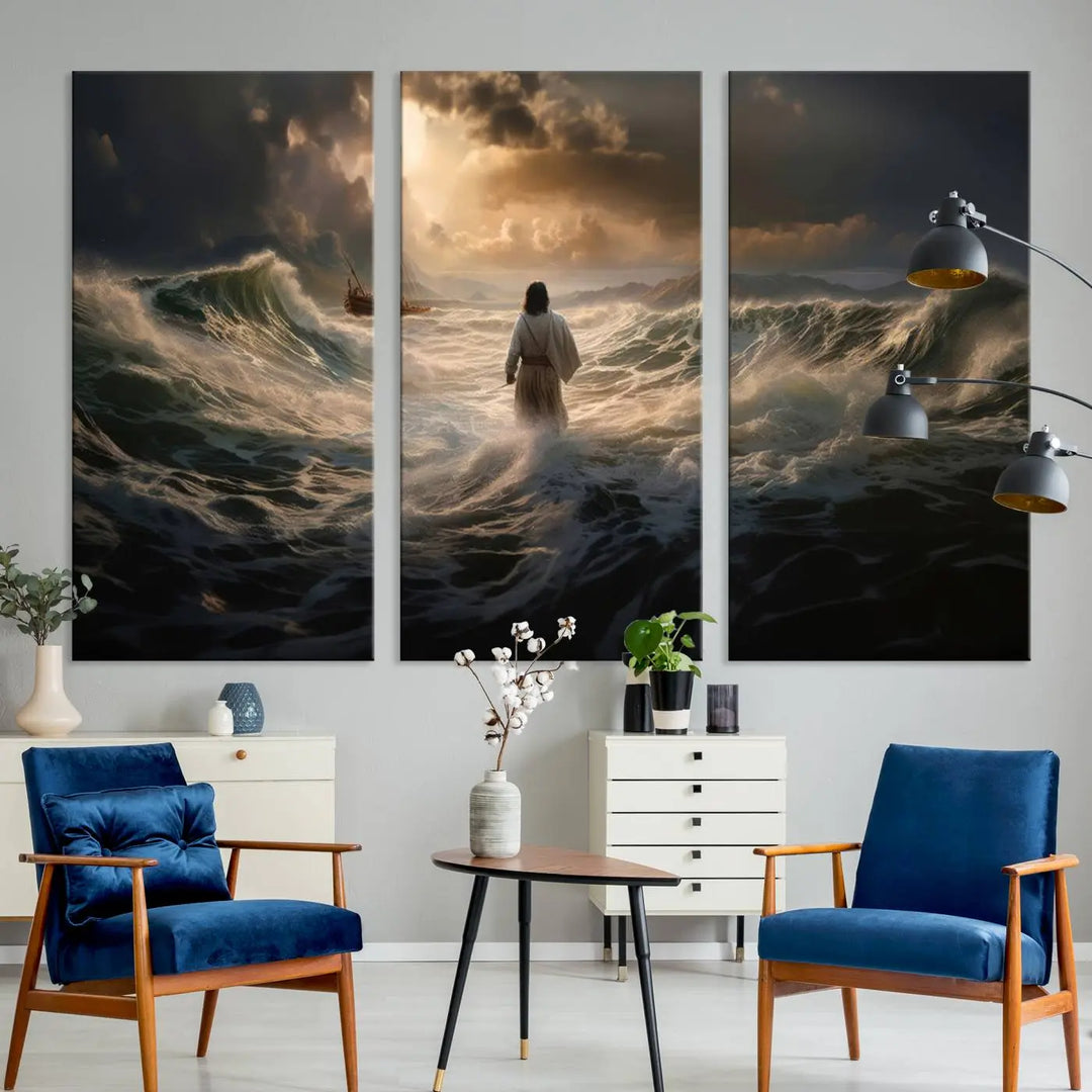 The Jesus Walking on Water Wall Art Canvas Print, a triptych mural featuring Jesus traversing turbulent waves with a distant boat under a dramatic sky, embodies spiritual art and religious decor. It inspires reflection and tranquility in the space.