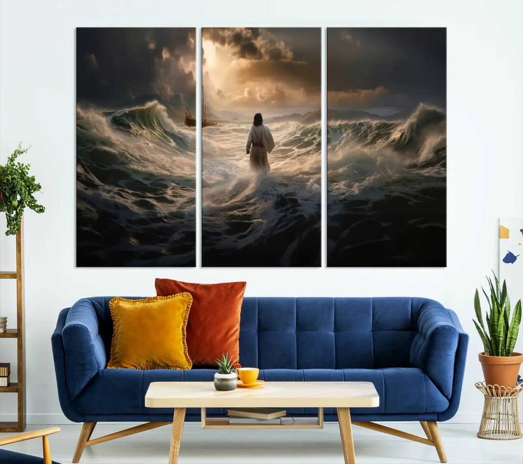 The Jesus Walking on Water Wall Art Canvas Print, a triptych mural featuring Jesus traversing turbulent waves with a distant boat under a dramatic sky, embodies spiritual art and religious decor. It inspires reflection and tranquility in the space.