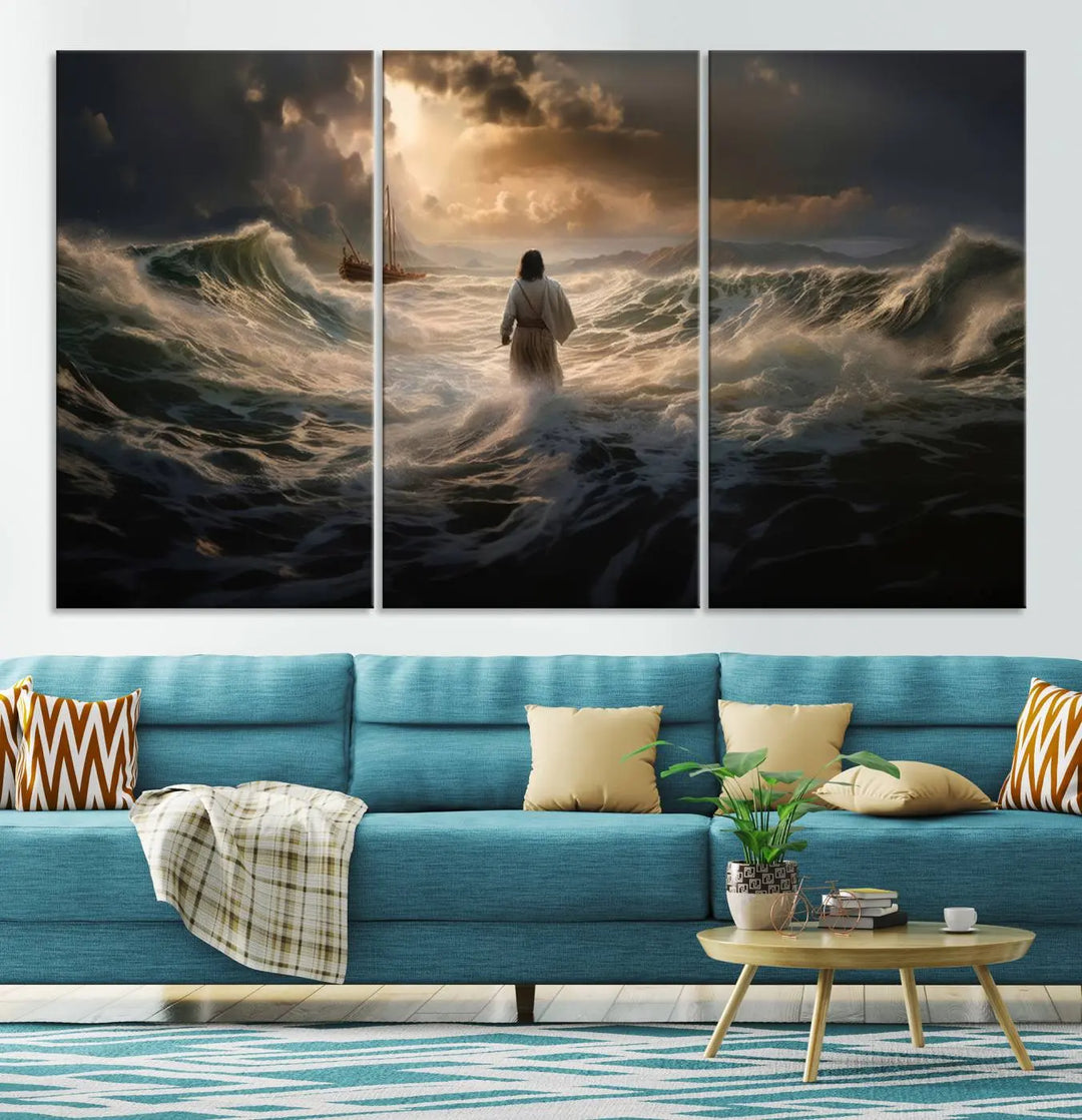 The Jesus Walking on Water Wall Art Canvas Print, a triptych mural featuring Jesus traversing turbulent waves with a distant boat under a dramatic sky, embodies spiritual art and religious decor. It inspires reflection and tranquility in the space.