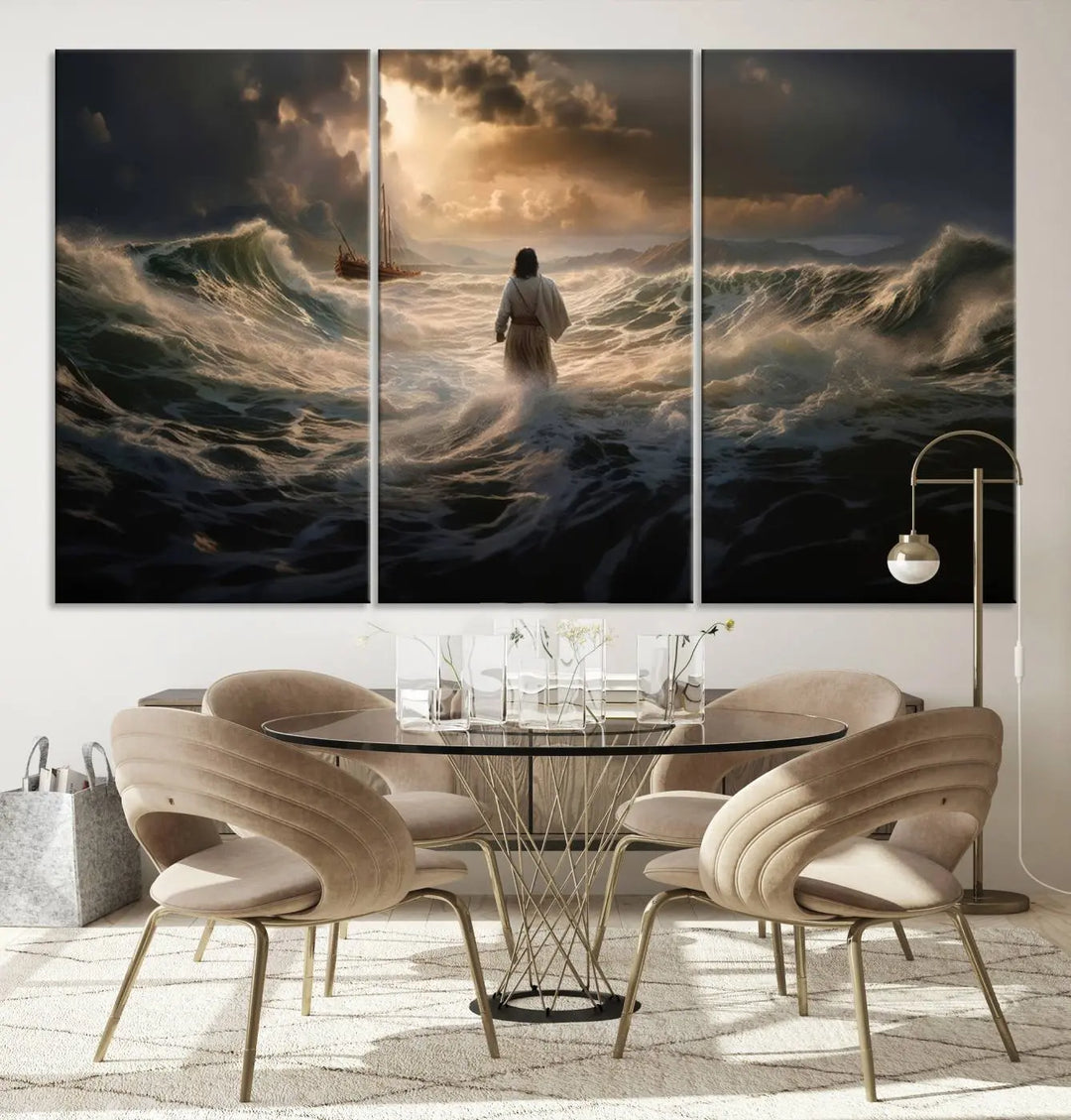 The Jesus Walking on Water Wall Art Canvas Print, a triptych mural featuring Jesus traversing turbulent waves with a distant boat under a dramatic sky, embodies spiritual art and religious decor. It inspires reflection and tranquility in the space.