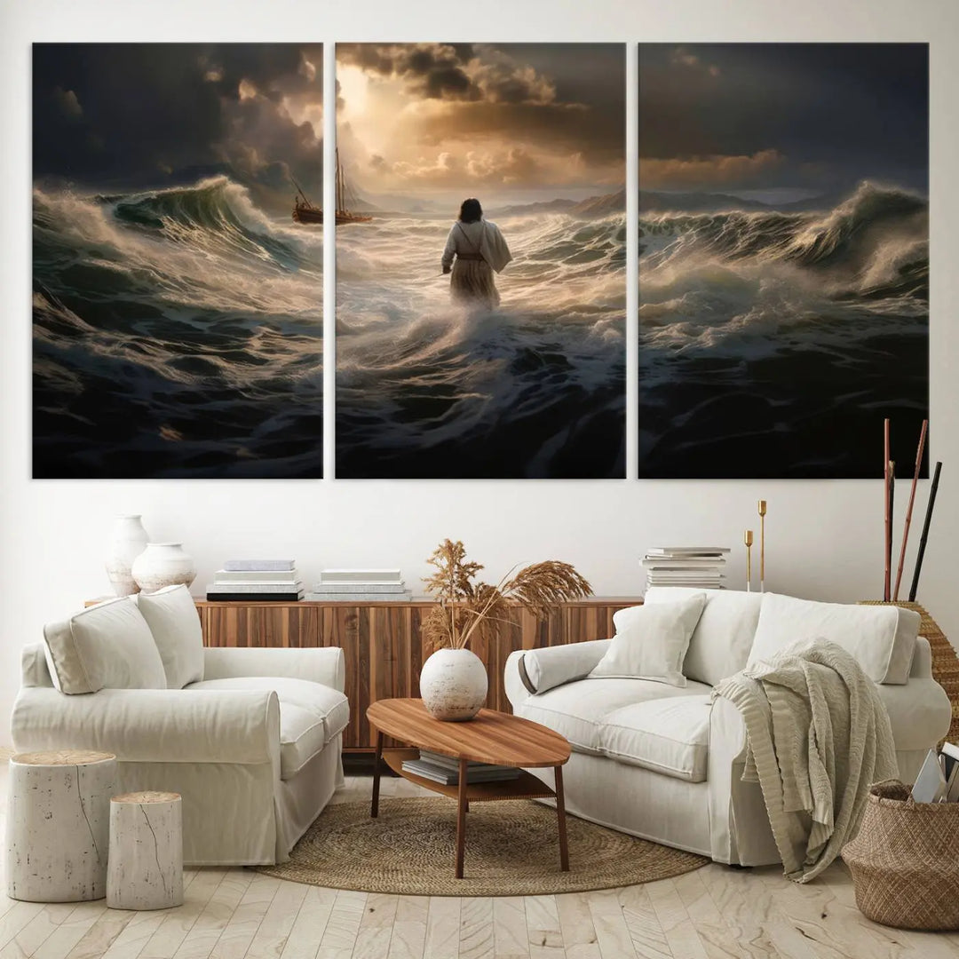 The Jesus Walking on Water Wall Art Canvas Print, a triptych mural featuring Jesus traversing turbulent waves with a distant boat under a dramatic sky, embodies spiritual art and religious decor. It inspires reflection and tranquility in the space.