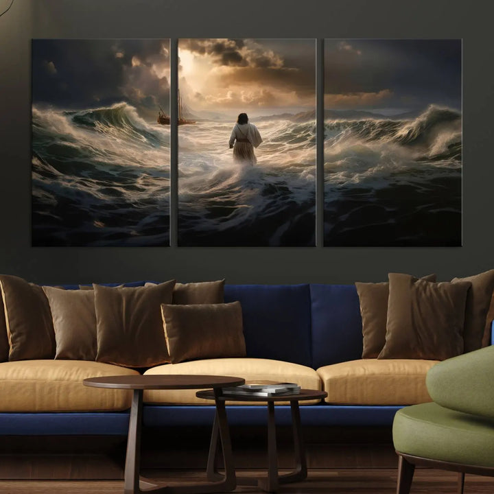 The Jesus Walking on Water Wall Art Canvas Print, a triptych mural featuring Jesus traversing turbulent waves with a distant boat under a dramatic sky, embodies spiritual art and religious decor. It inspires reflection and tranquility in the space.