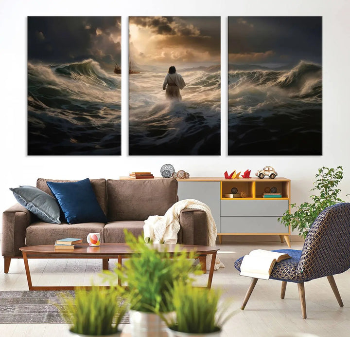 The Jesus Walking on Water Wall Art Canvas Print, a triptych mural featuring Jesus traversing turbulent waves with a distant boat under a dramatic sky, embodies spiritual art and religious decor. It inspires reflection and tranquility in the space.