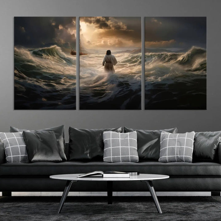 The Jesus Walking on Water Wall Art Canvas Print, a triptych mural featuring Jesus traversing turbulent waves with a distant boat under a dramatic sky, embodies spiritual art and religious decor. It inspires reflection and tranquility in the space.