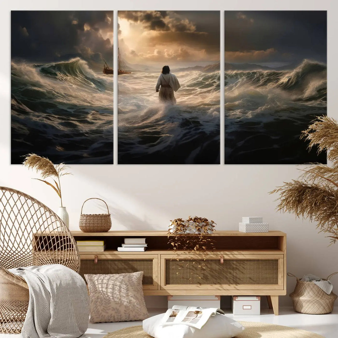 The Jesus Walking on Water Wall Art Canvas Print, a triptych mural featuring Jesus traversing turbulent waves with a distant boat under a dramatic sky, embodies spiritual art and religious decor. It inspires reflection and tranquility in the space.