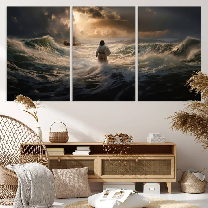 The Jesus Walking on Water Wall Art Canvas Print, a triptych mural featuring Jesus traversing turbulent waves with a distant boat under a dramatic sky, embodies spiritual art and religious decor. It inspires reflection and tranquility in the space.