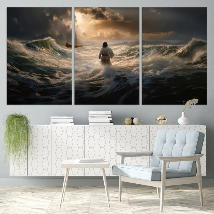 The Jesus Walking on Water Wall Art Canvas Print, a triptych mural featuring Jesus traversing turbulent waves with a distant boat under a dramatic sky, embodies spiritual art and religious decor. It inspires reflection and tranquility in the space.