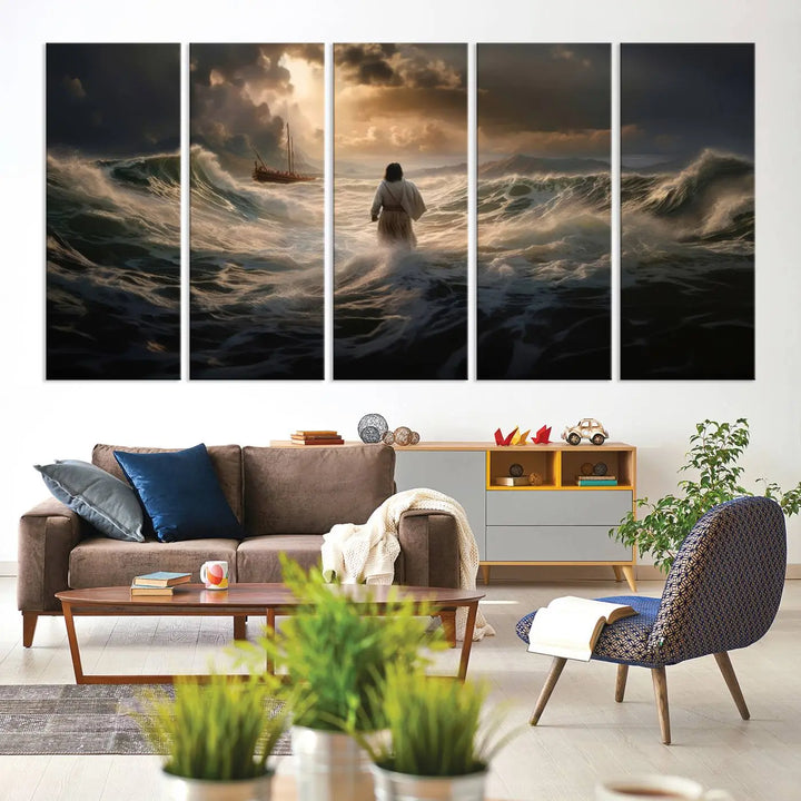 The Jesus Walking on Water Wall Art Canvas Print, a triptych mural featuring Jesus traversing turbulent waves with a distant boat under a dramatic sky, embodies spiritual art and religious decor. It inspires reflection and tranquility in the space.