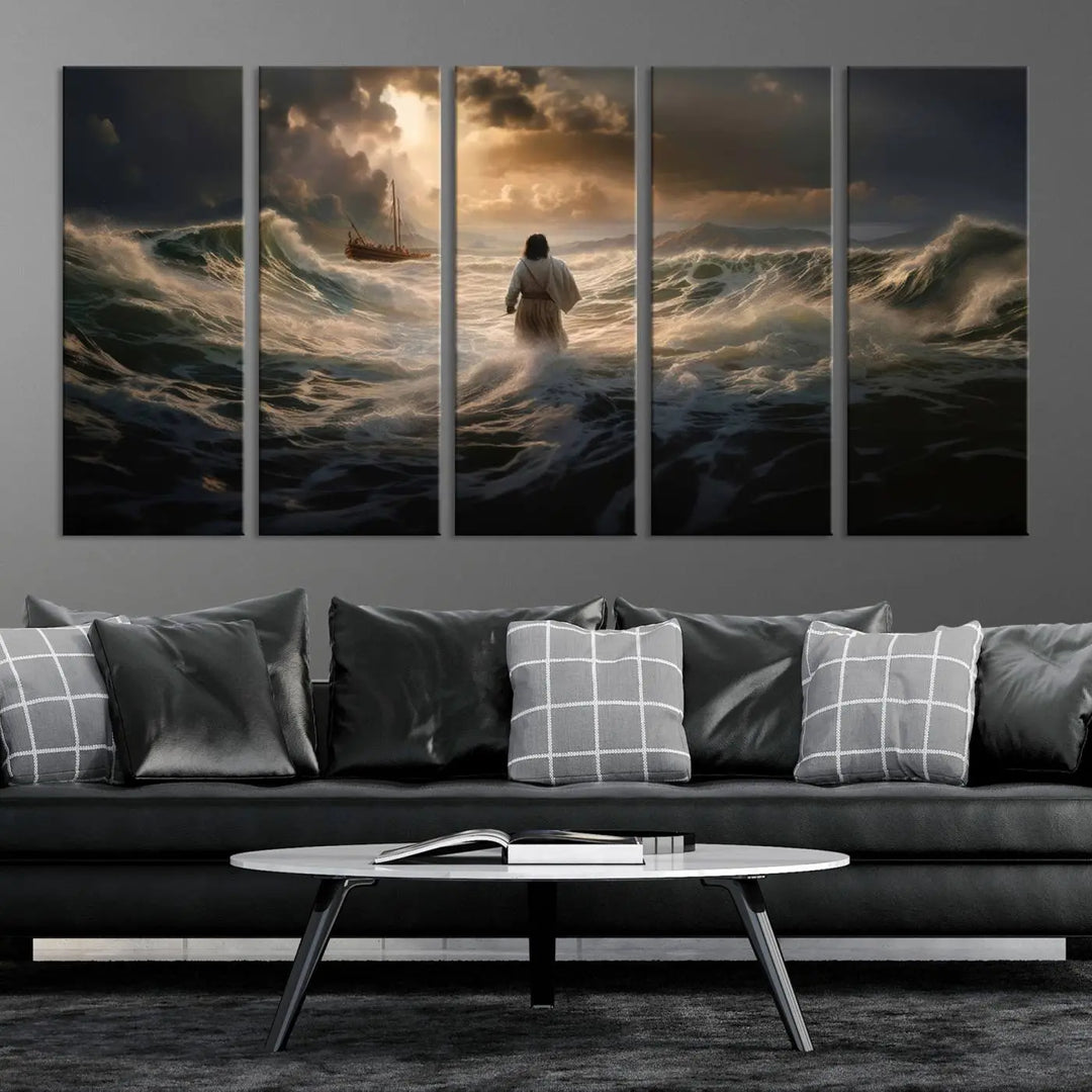 The Jesus Walking on Water Wall Art Canvas Print, a triptych mural featuring Jesus traversing turbulent waves with a distant boat under a dramatic sky, embodies spiritual art and religious decor. It inspires reflection and tranquility in the space.