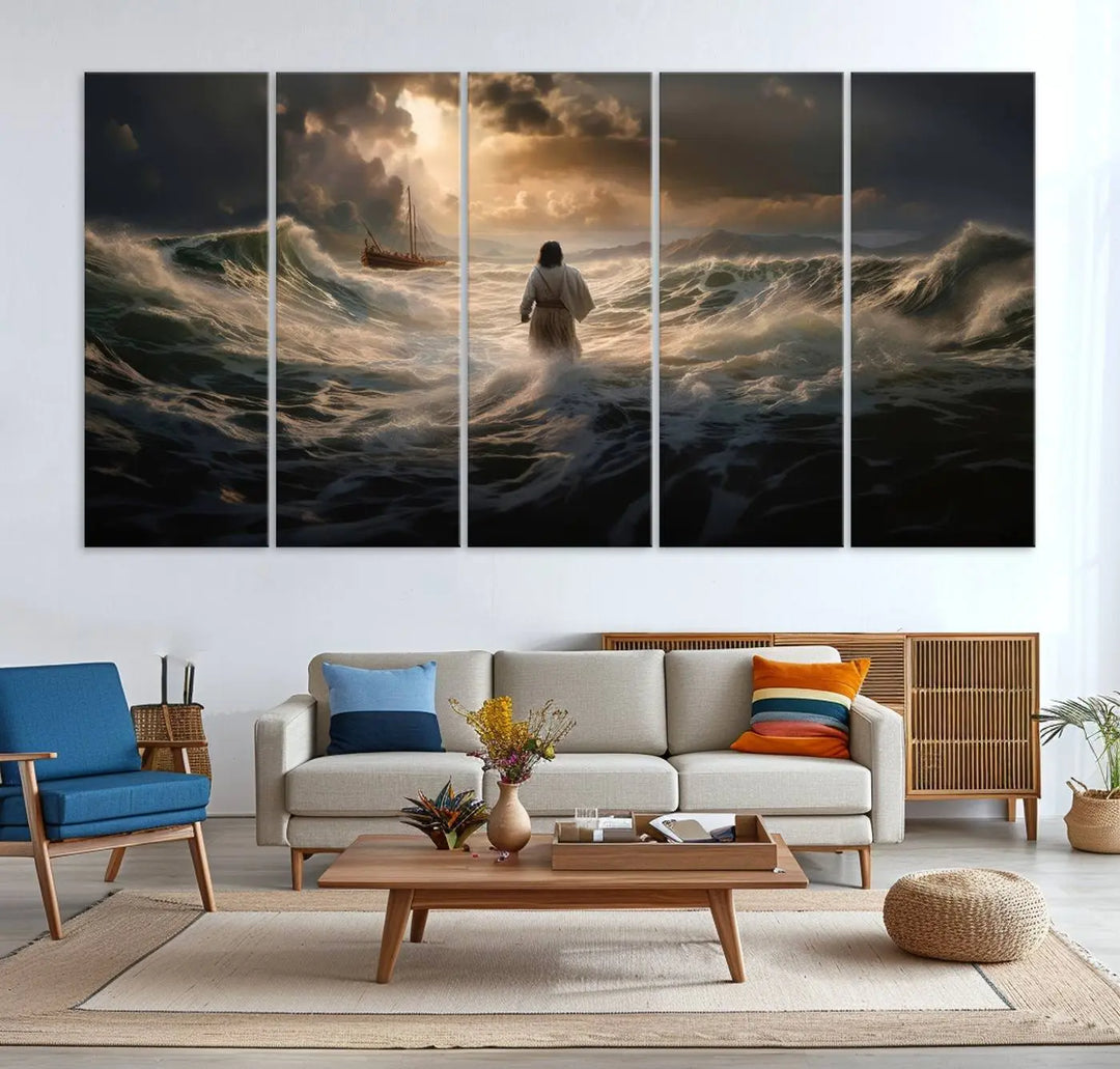 The Jesus Walking on Water Wall Art Canvas Print, a triptych mural featuring Jesus traversing turbulent waves with a distant boat under a dramatic sky, embodies spiritual art and religious decor. It inspires reflection and tranquility in the space.