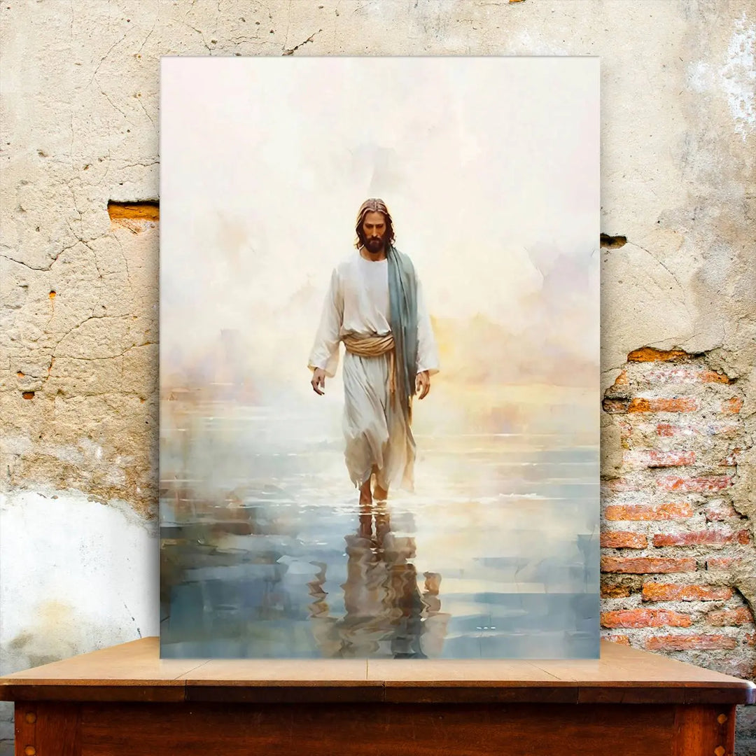 The "Jesus Walking on Water Wall Art Canvas Print" features a depiction of Jesus in a white robe walking on water. This Christian wall art boasts high-resolution printing on museum-quality canvas, capturing every detail with lifetime-lasting inks.