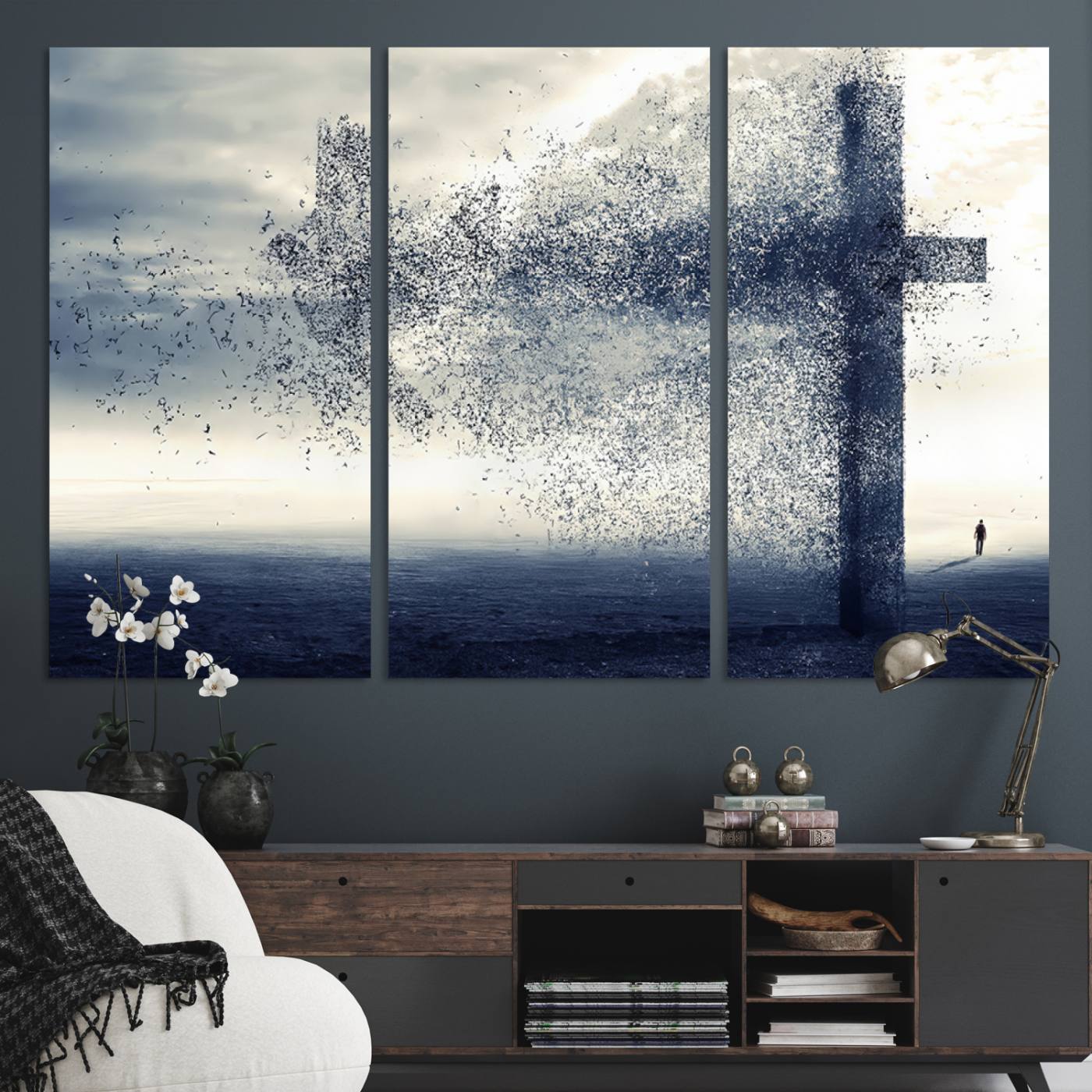 55718-MGV-CV-48X32-3P-Jesus and the Fading Cross Wall Art Print – Symbol of Faith, Christian Wall Art Canvas Print, Framed and Ready to Hang