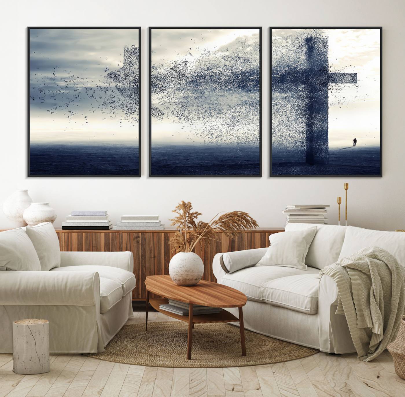 55718-MGV-FC-60X30-3P_Black-Jesus and the Fading Cross Wall Art Print – Symbol of Faith, Christian Wall Art Canvas Print, Framed and Ready to Hang