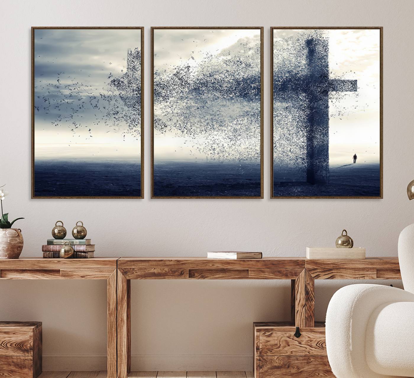 55718-MGV-FC-60X30-3P_Walnut-Jesus and the Fading Cross Wall Art Print – Symbol of Faith, Christian Wall Art Canvas Print, Framed and Ready to Hang