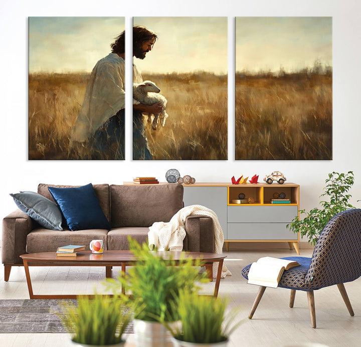 53873-MGV-CV-36X24-Jesus the Good Shepherd Wall Art Canvas Print - Inspirational Christian Religious Print for Prayer Room Decor