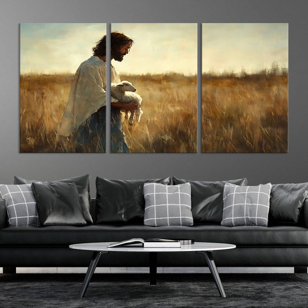 53873-MGV-CV-36X24-Jesus the Good Shepherd Wall Art Canvas Print - Inspirational Christian Religious Print for Prayer Room Decor