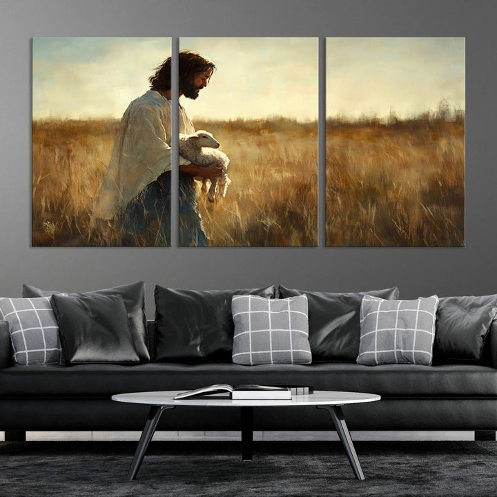 53873-MGV-CV-36X24-Jesus the Good Shepherd Wall Art Canvas Print - Inspirational Christian Religious Print for Prayer Room Decor