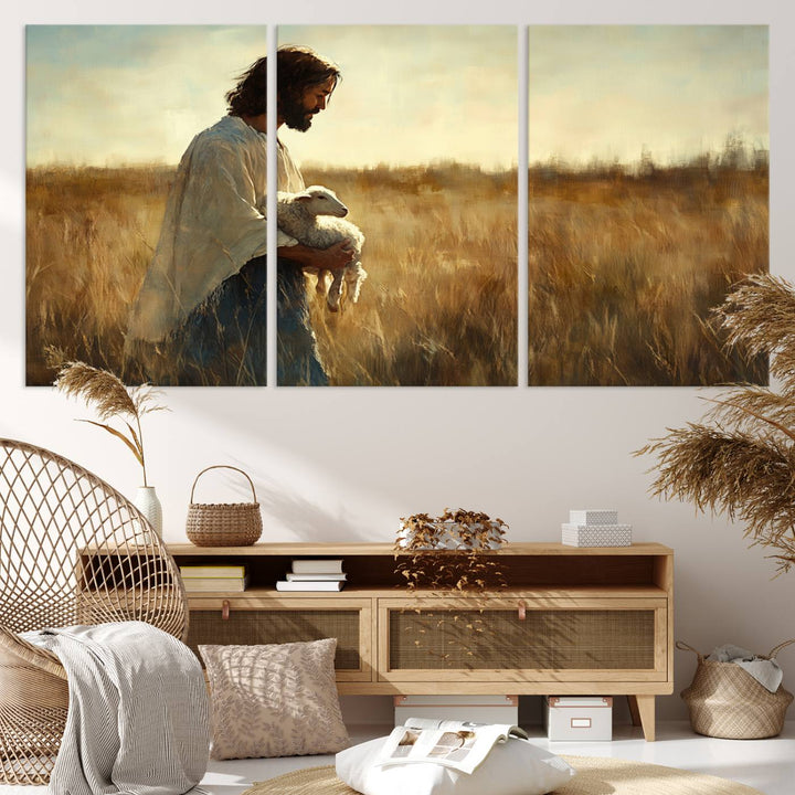 53873-MGV-CV-36X24-Jesus the Good Shepherd Wall Art Canvas Print - Inspirational Christian Religious Print for Prayer Room Decor