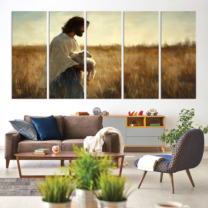 53873-MGV-CV-36X24-Jesus the Good Shepherd Wall Art Canvas Print - Inspirational Christian Religious Print for Prayer Room Decor