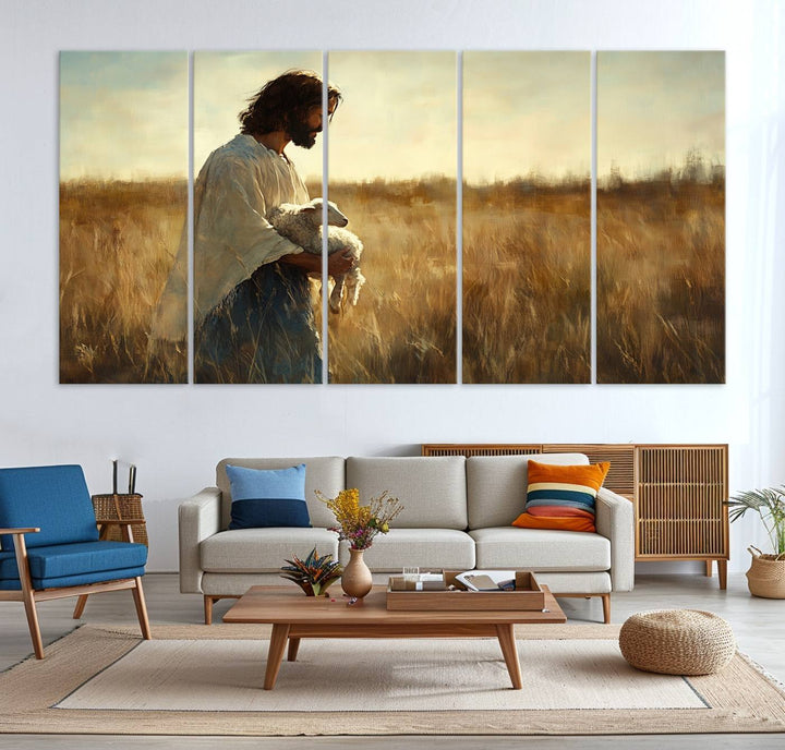 53873-MGV-CV-36X24-Jesus the Good Shepherd Wall Art Canvas Print - Inspirational Christian Religious Print for Prayer Room Decor