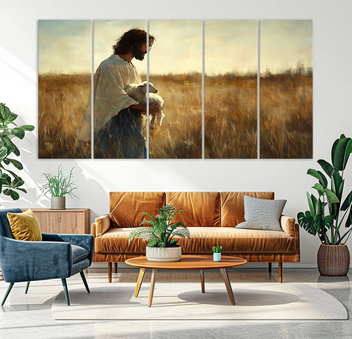 53873-MGV-CV-36X24-Jesus the Good Shepherd Wall Art Canvas Print - Inspirational Christian Religious Print for Prayer Room Decor