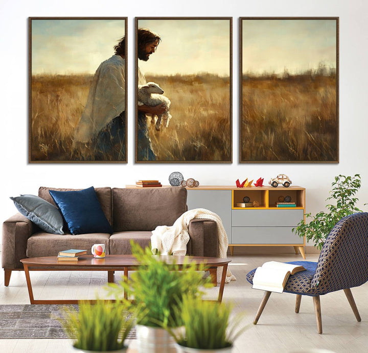 53873-MGV-CV-36X24-Jesus the Good Shepherd Wall Art Canvas Print - Inspirational Christian Religious Print for Prayer Room Decor