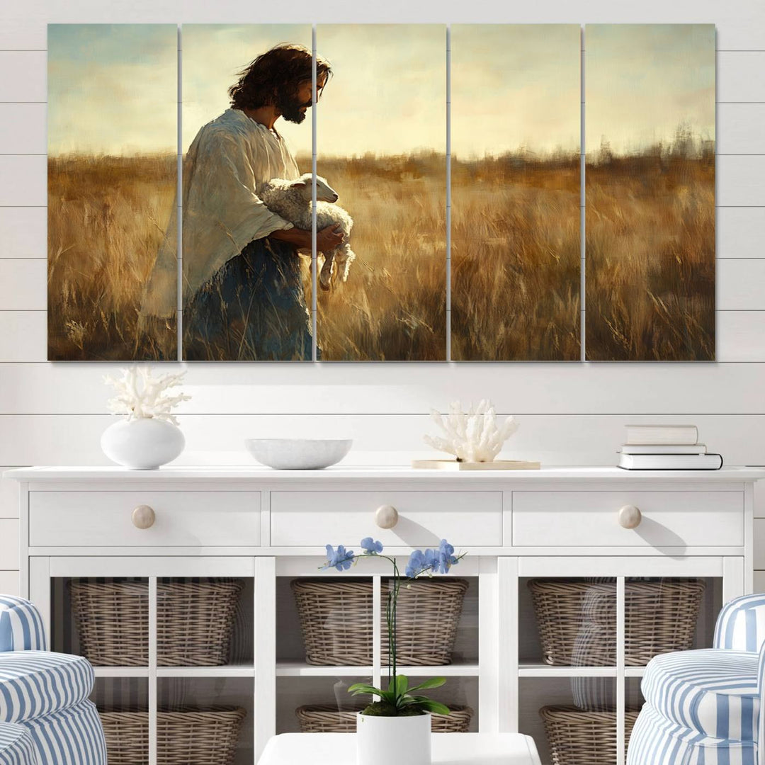 53873-MGV-CV-60X31-5P-Jesus the Good Shepherd Wall Art Canvas Print - Inspirational Christian Religious Print for Prayer Room Decor