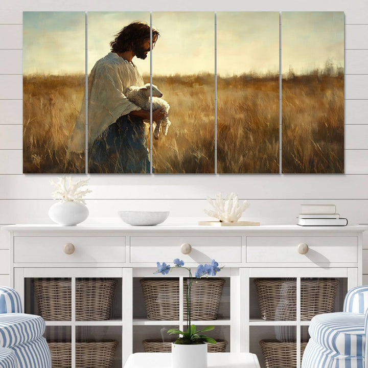 53873-MGV-CV-60X31-5P-Jesus the Good Shepherd Wall Art Canvas Print - Inspirational Christian Religious Print for Prayer Room Decor