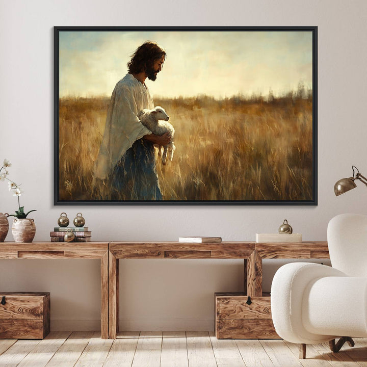 53873-MGV-FC-36X24_Black-Jesus the Good Shepherd Wall Art Canvas Print - Inspirational Christian Religious Print for Prayer Room Decor