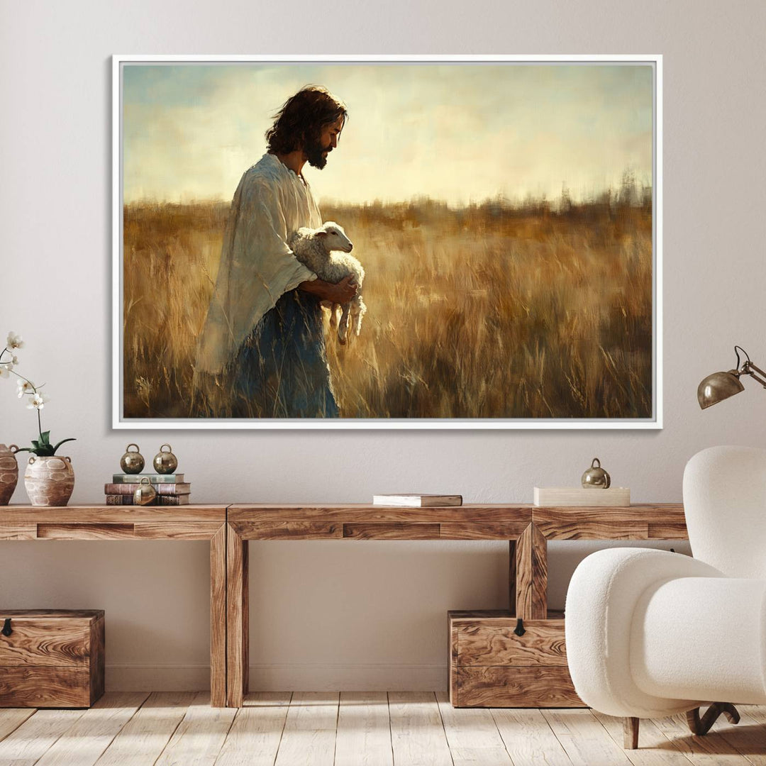 53873-MGV-FC-36X24_White-Jesus the Good Shepherd Wall Art Canvas Print - Inspirational Christian Religious Print for Prayer Room Decor