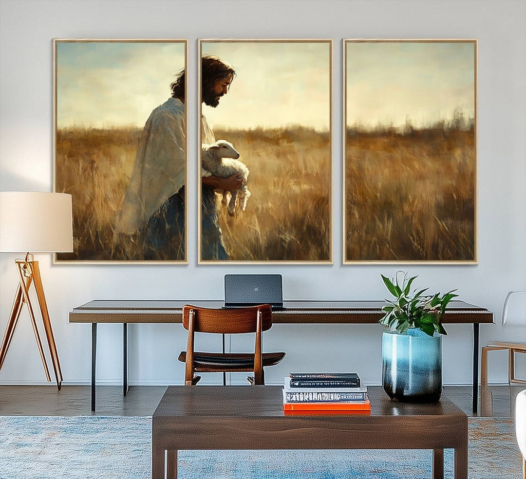 53873-MGV-FC-48X32-3P_Natural-Jesus the Good Shepherd Wall Art Canvas Print - Inspirational Christian Religious Print for Prayer Room Decor