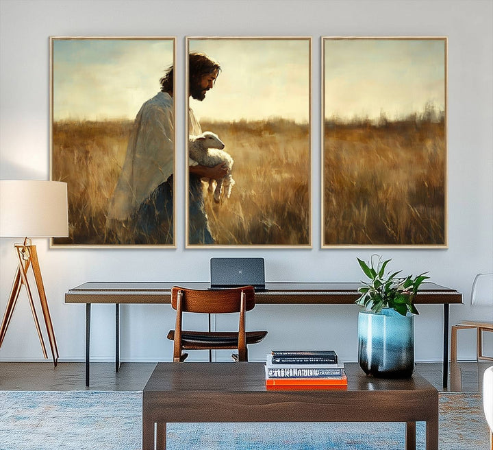 53873-MGV-FC-48X32-3P_Natural-Jesus the Good Shepherd Wall Art Canvas Print - Inspirational Christian Religious Print for Prayer Room Decor