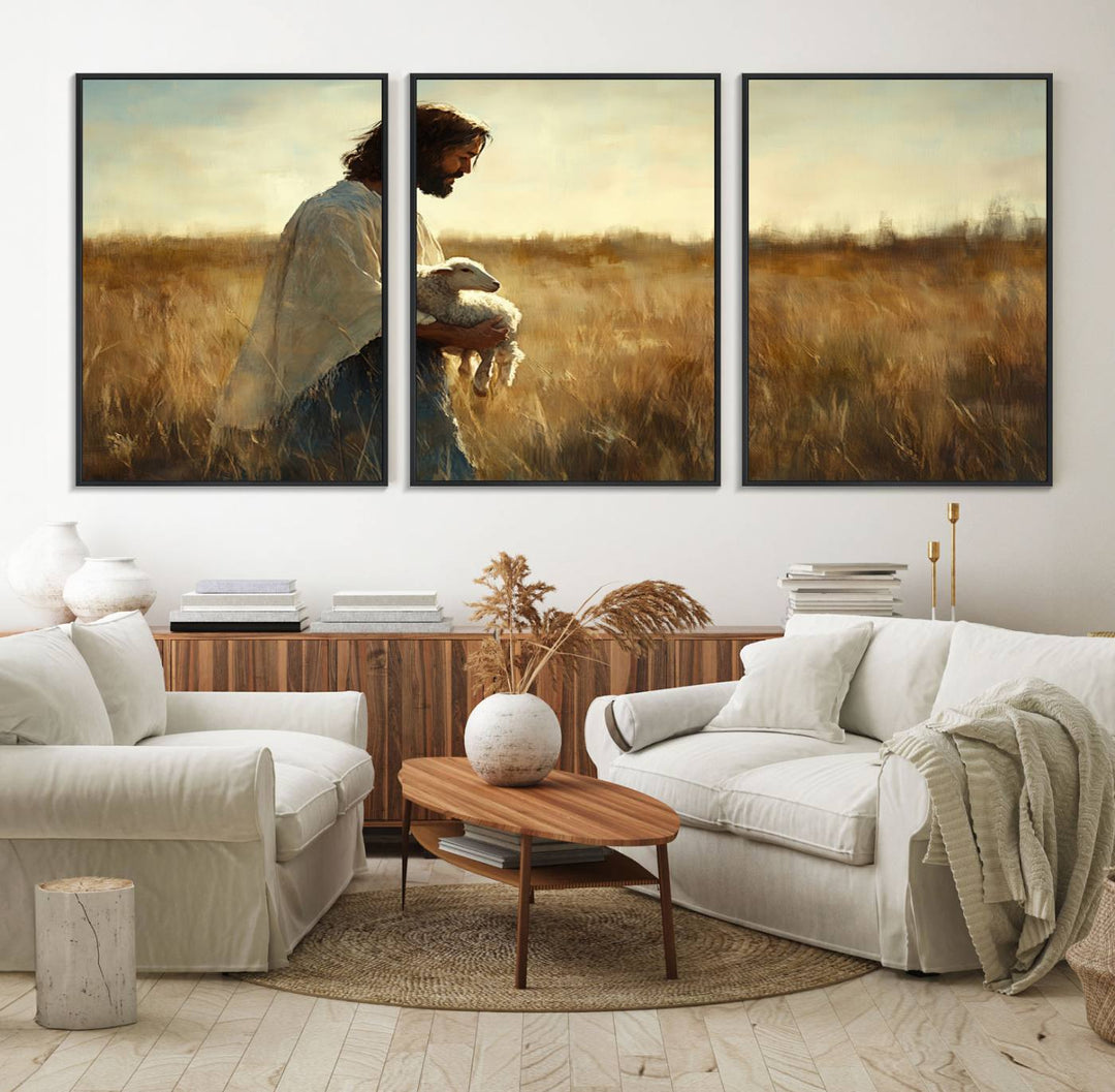 53873-MGV-FC-60X30-3P_Black-Jesus the Good Shepherd Wall Art Canvas Print - Inspirational Christian Religious Print for Prayer Room Decor