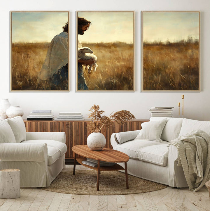 53873-MGV-FC-60X30-3P_Natural-Jesus the Good Shepherd Wall Art Canvas Print - Inspirational Christian Religious Print for Prayer Room Decor