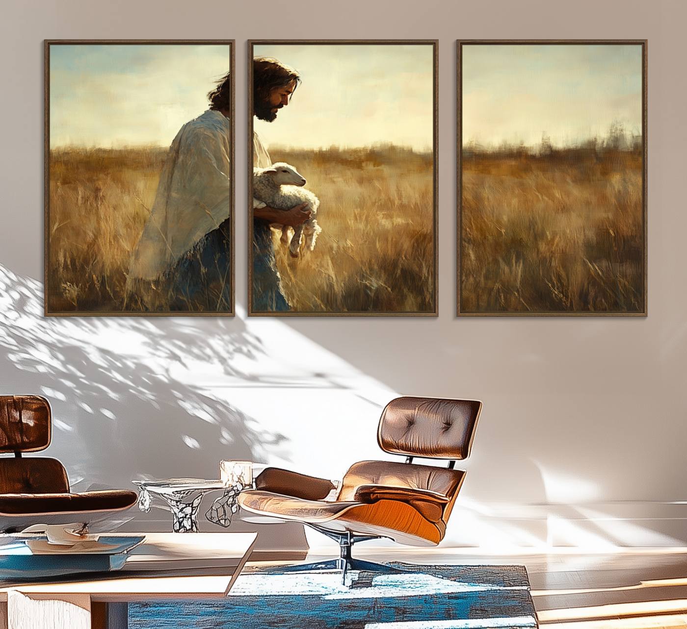 53873-MGV-FC-60X30-3P_Walnut-Jesus the Good Shepherd Wall Art Canvas Print - Inspirational Christian Religious Print for Prayer Room Decor