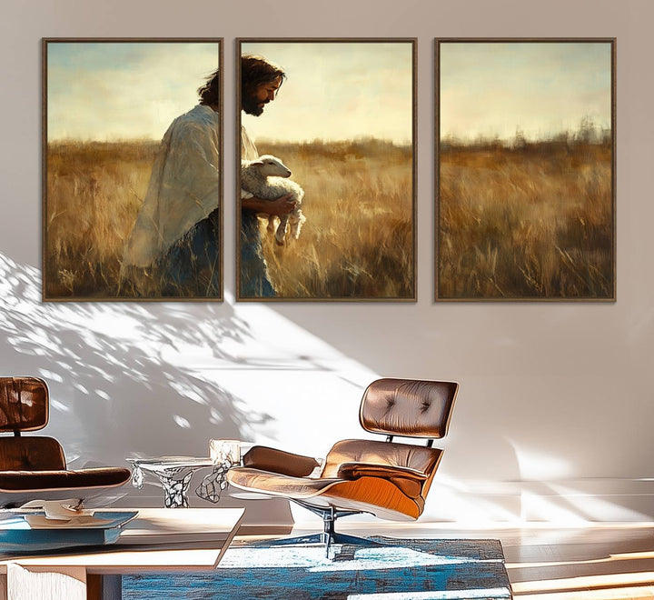 53873-MGV-FC-60X30-3P_Walnut-Jesus the Good Shepherd Wall Art Canvas Print - Inspirational Christian Religious Print for Prayer Room Decor