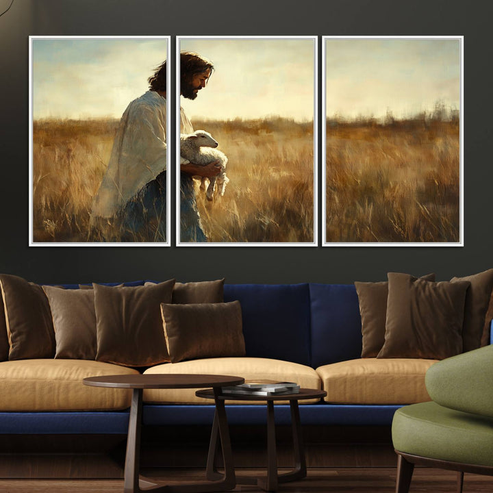 53873-MGV-FC-60X30-3P_White-Jesus the Good Shepherd Wall Art Canvas Print - Inspirational Christian Religious Print for Prayer Room Decor