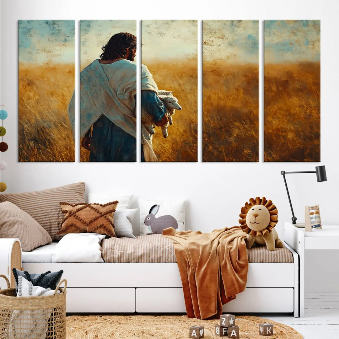 The Jesus the Good Shepherd Wall Art Canvas Print, featuring a figure in a robe holding a lamb amidst a golden field at sunset, adds serene beauty to the wall and embodies inspirational Christian decor.