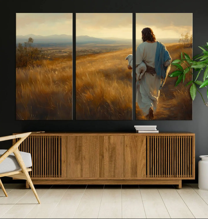 The "Jesus the Good Shepherd Wall Art Canvas Print" features an inspirational Christian religious design of a shepherd carrying a lamb, making it a beautiful piece of wall art.