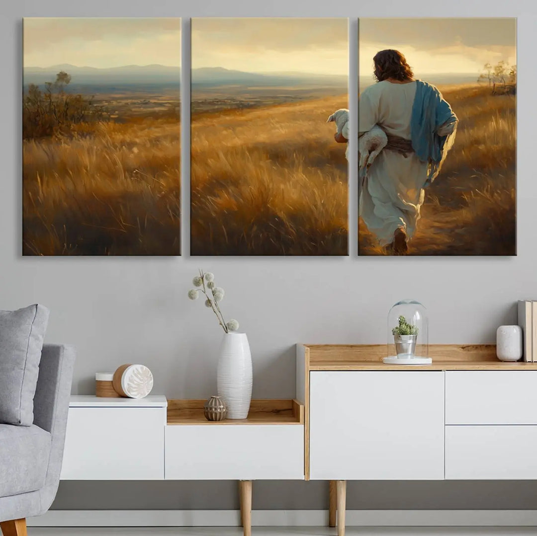 The "Jesus the Good Shepherd Wall Art Canvas Print" features an inspirational Christian religious design of a shepherd carrying a lamb, making it a beautiful piece of wall art.