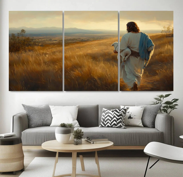 The "Jesus the Good Shepherd Wall Art Canvas Print" features an inspirational Christian religious design of a shepherd carrying a lamb, making it a beautiful piece of wall art.