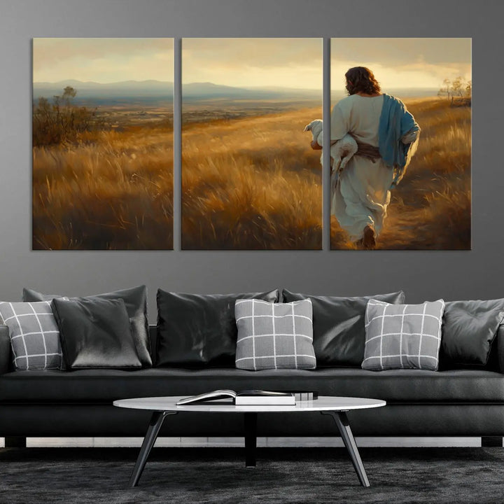 The "Jesus the Good Shepherd Wall Art Canvas Print" features an inspirational Christian religious design of a shepherd carrying a lamb, making it a beautiful piece of wall art.